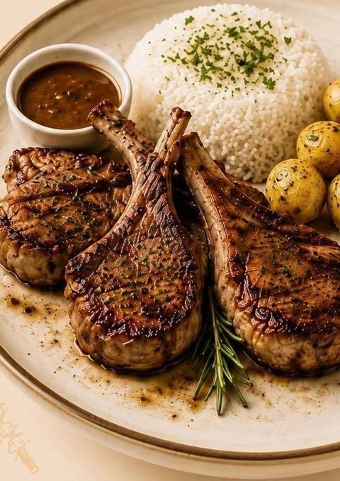 Côtelettes d'agneau grillées, riz et pommes grenaille